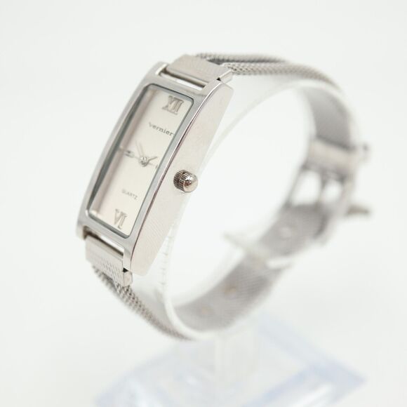 Vernier Womens Silver Tone Watch 18mm Slim Rectangle Mesh Strap with New Battery - Picture 10 of 16